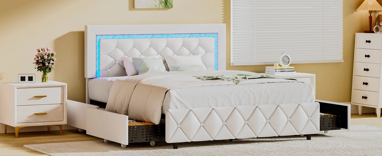 Queen Bed Frame with LED Lights, Upholstered Bed Frame with 4 Storage Drawers, Princess Platform Bed with Diamond Headboard