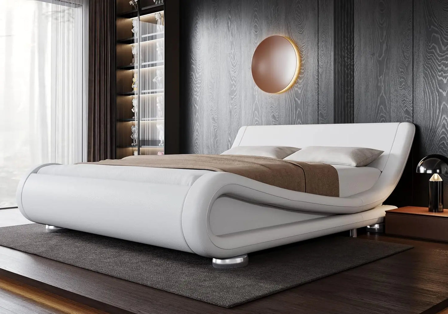 Upholstered Platform Bed Frame with Ergonomic & Adjustable Headboard, Modern Low Profile Sleigh Design