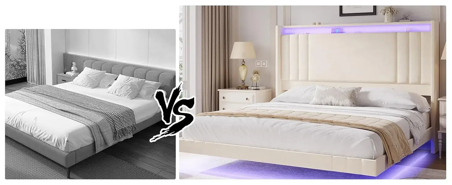 Floating Bed Frame, 50.8" Tall Headboard LED with Charging Station, Metal Platform Bed Frame, Upholstered Platform Beds Home