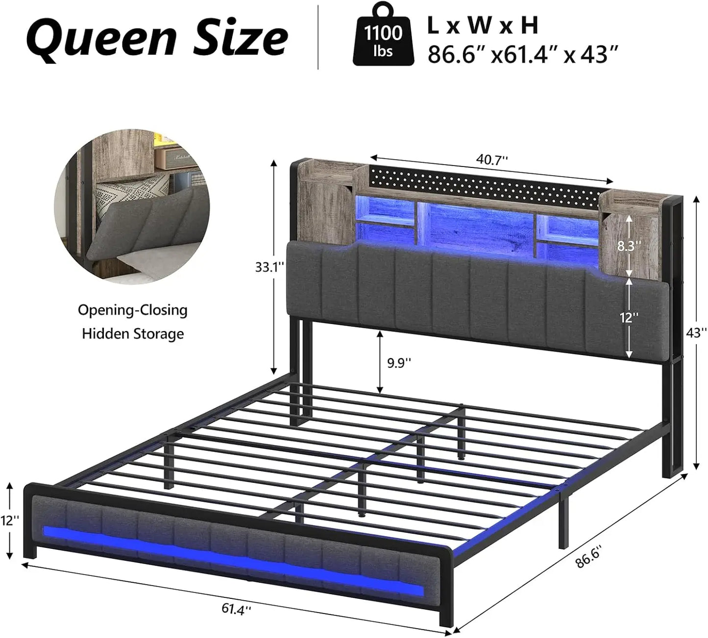 Queen Bed Frame with 3-Tier Headboard & 2 Hidden Storage, LED Lights Upholstered Bed Frame Queen Size with Charging Station