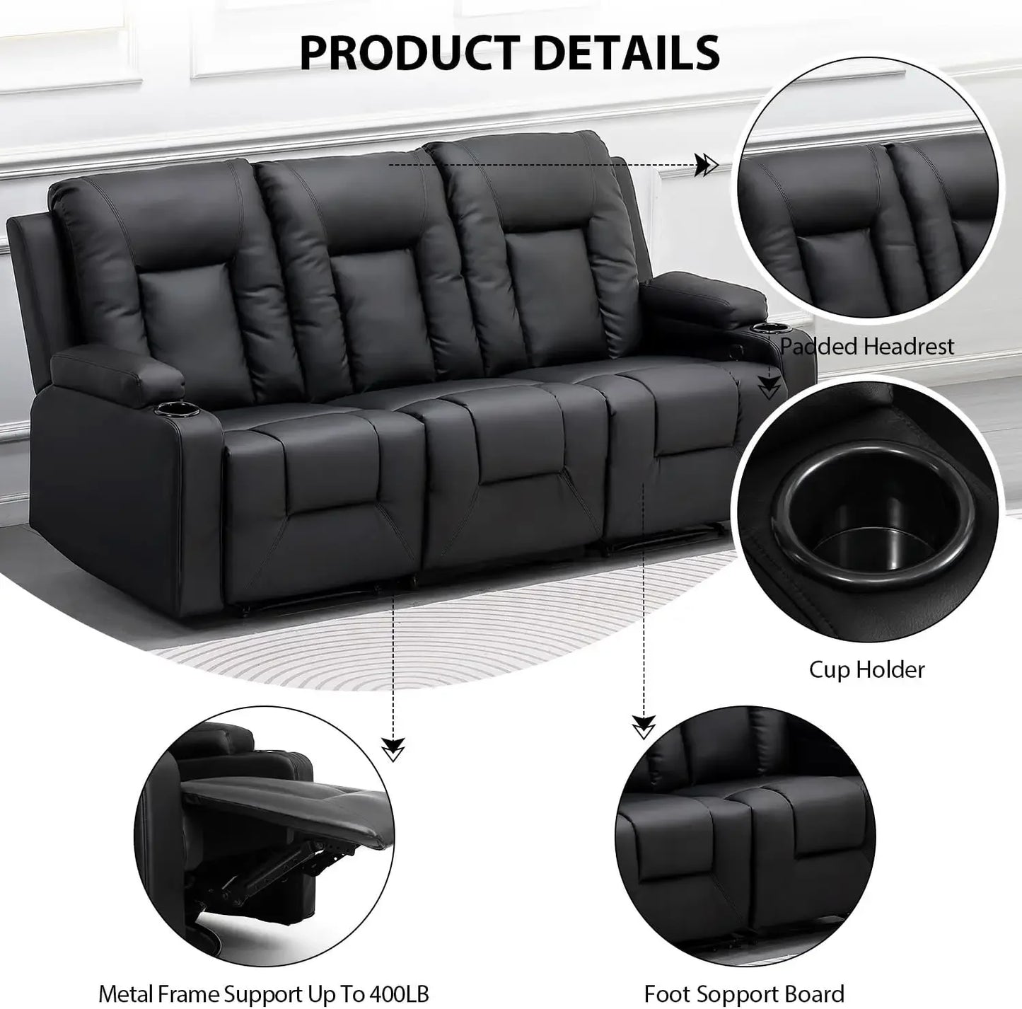 Recline Chair Set,Furniture 2PC Bonded Leather Recliner Set Living Room Set Sofa Loveseat BlackLiving Room Set 3+2