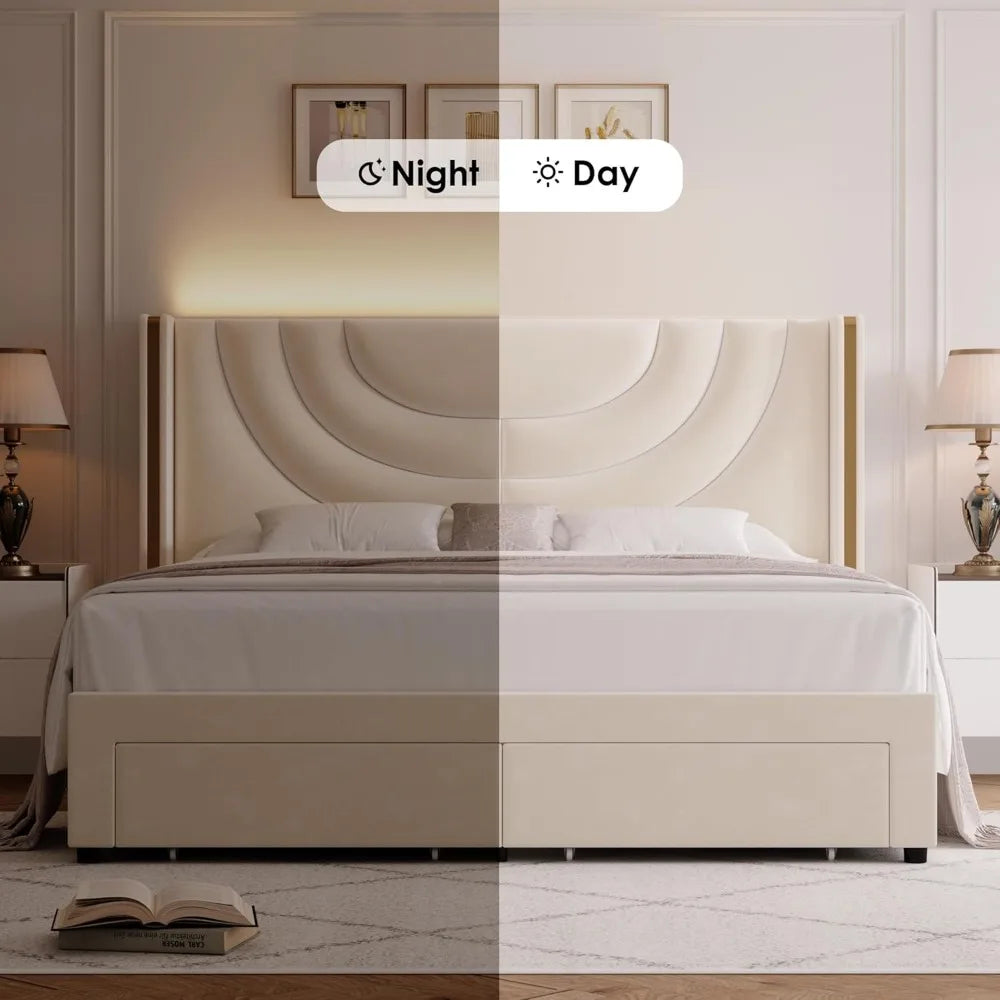 Queen Upholstered LED Bed Frame with 2 Storage Drawers, Velvet Platform Bed with Wingback Headboard, Solid Wooden Slats Support