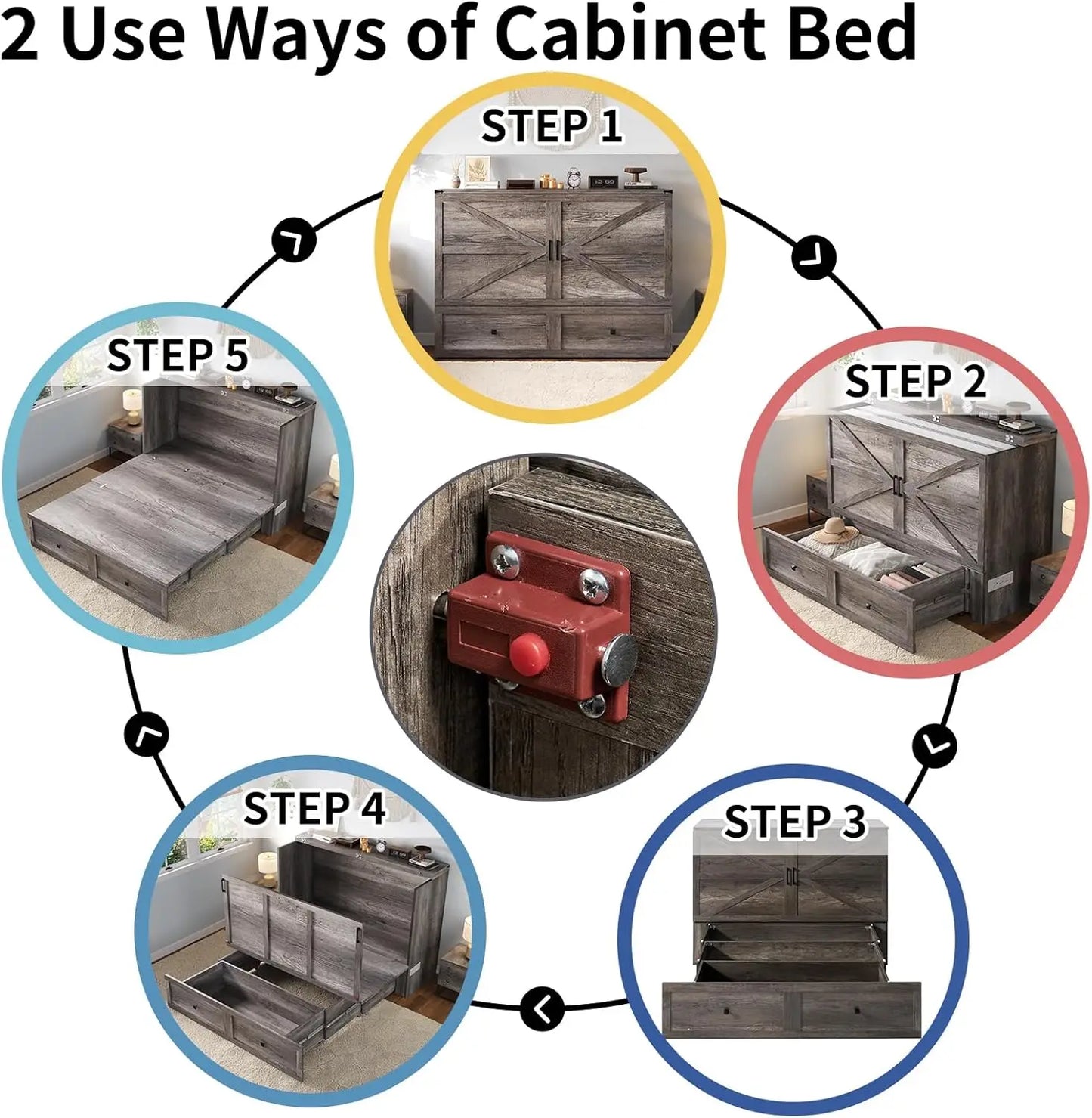 Full Size Murphy Bed, Cabinet Bed with Charging Station Large Storage Drawer for Home Office or Small Room, Hideaway Bed Full Fo