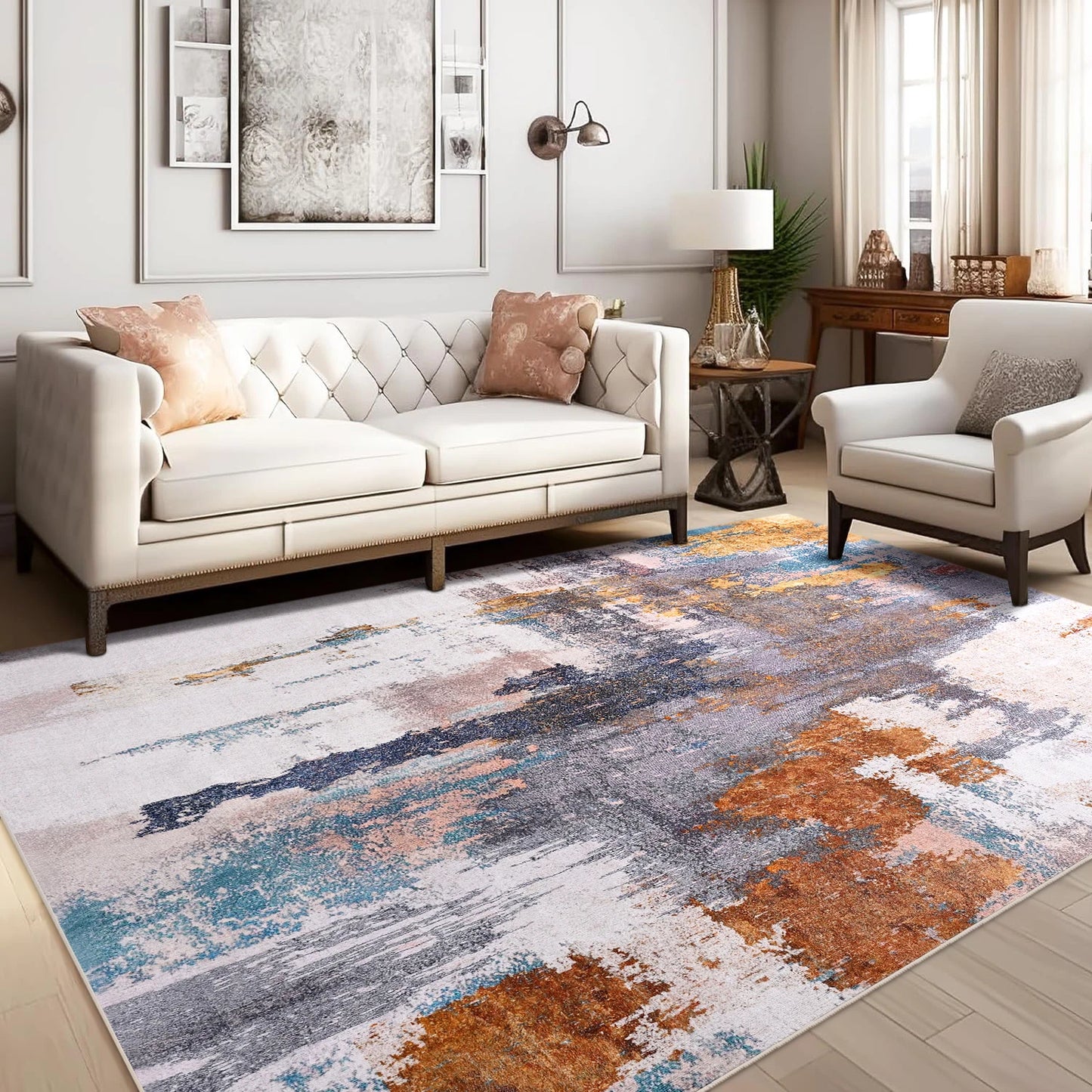 Area Rugs for Living Room, Machine Washable Vintage Rug, Non-Slip Low Pile Throw Rugs with Rubber Backing Washable Carpet
