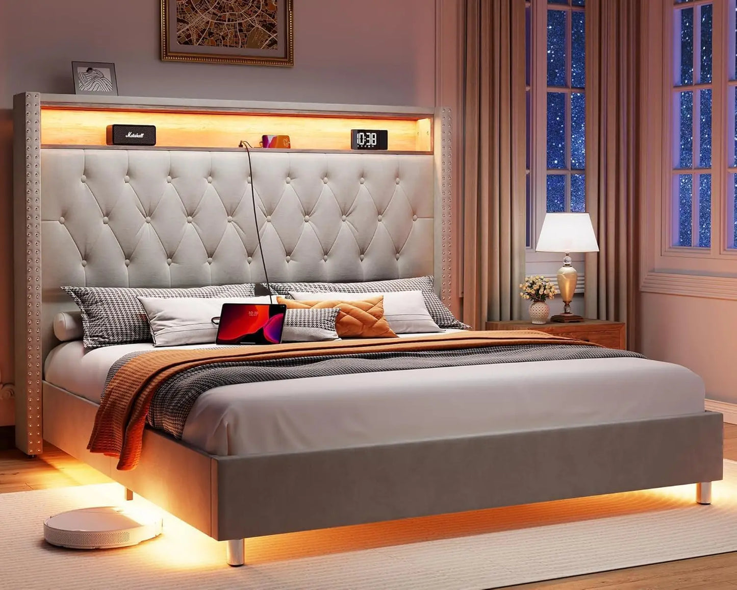 King Bed Frame with Headboard LED Lights and Charging Station, Velvet Tall Upholstered Platform Bed Storage No Box Spring Needed