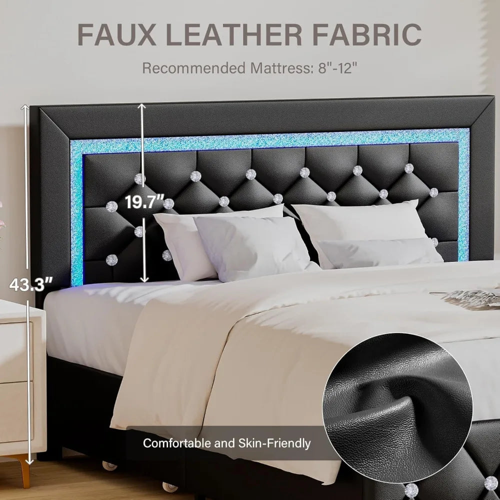 Queen Size Bed Frame with LED Lights, Upholstered Bed Frame with 4 Storage Drawers, with Diamond Headboard and Footboard
