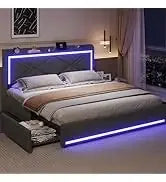 Queen Floating Frame RGB LED Lights ,USB-C/A Power Combo,Linen Upholstered Platform Bed with Storage Headboard