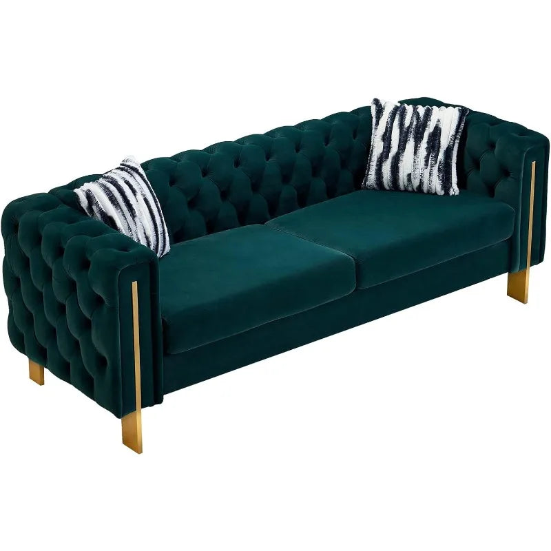 Modern Velvet Sofa for Living Room, 84 Inches Long Tufted Couch Upholstered Sofa with 2 Pillows High Arm and Metal Legs Decor