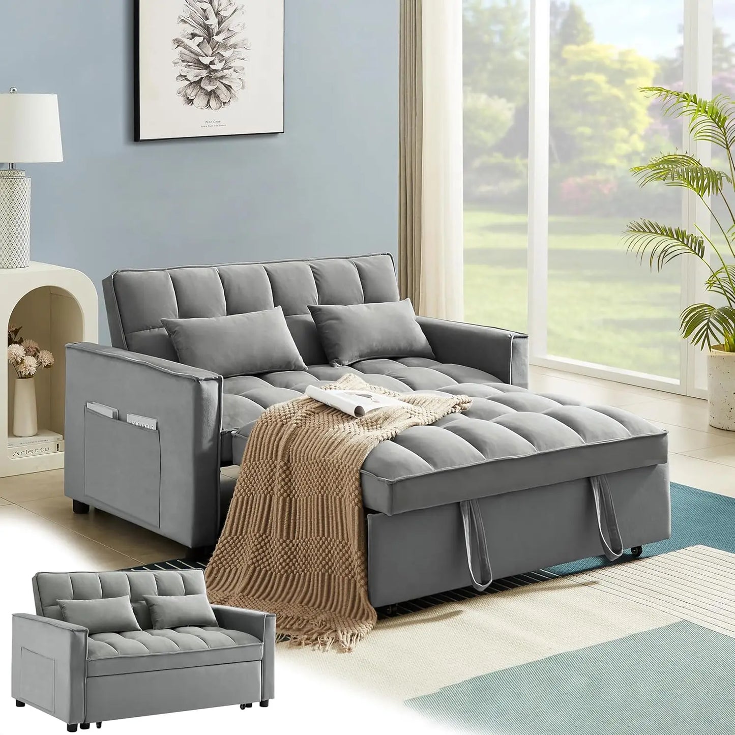 3 in 1 Pull Out Convertible Sofa Bed-Velvet Sleeper Sofa with 3Level Adjustable Backrest,Tufted Love Seat w/ 2Pockets & 2Pillows