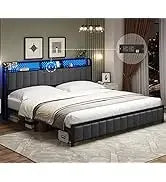 Queen Floating Frame RGB LED Lights ,USB-C/A Power Combo,Linen Upholstered Platform Bed with Storage Headboard