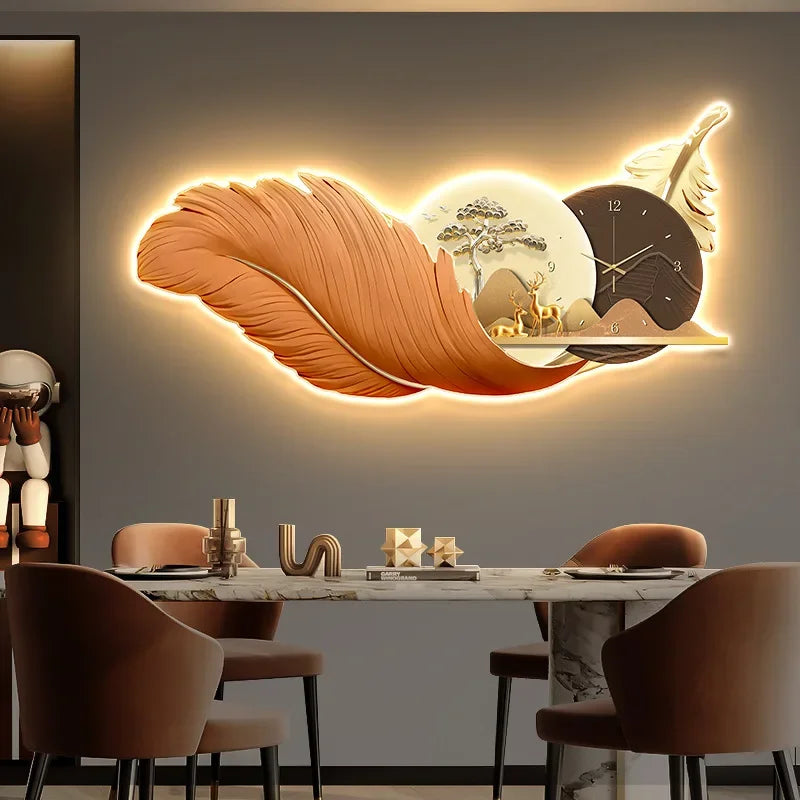 Modern Feather Wall Decor Deer Living Room Luxury Wall Accents Coffee Bar Art Home Mural Elegant Room Ornaments wall clock