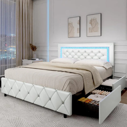 Queen Size Bed Frame with LED Lights, Upholstered Bed Frame with 4 Storage Drawers, with Diamond Headboard and Footboard