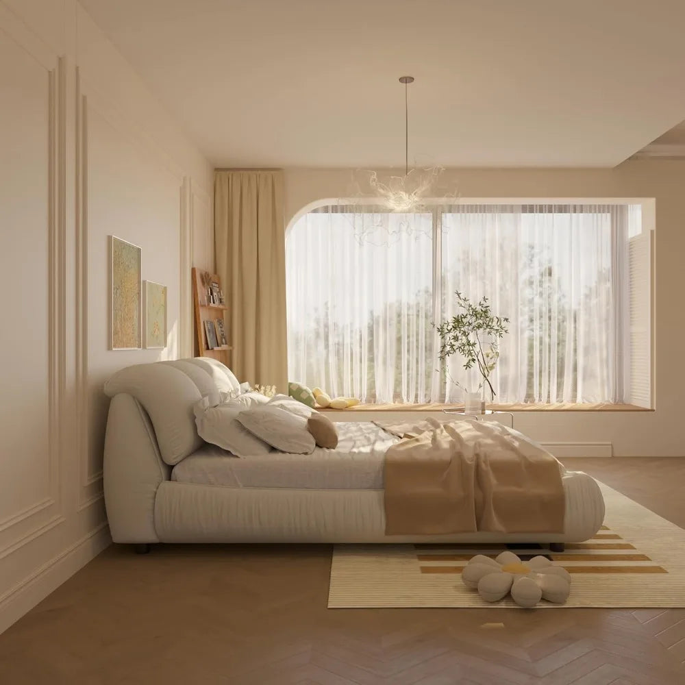 Deluxe king-size upholstered platform bed with upholstered backrest, soft-framed cloud bed, thickened pine slats, metal legs