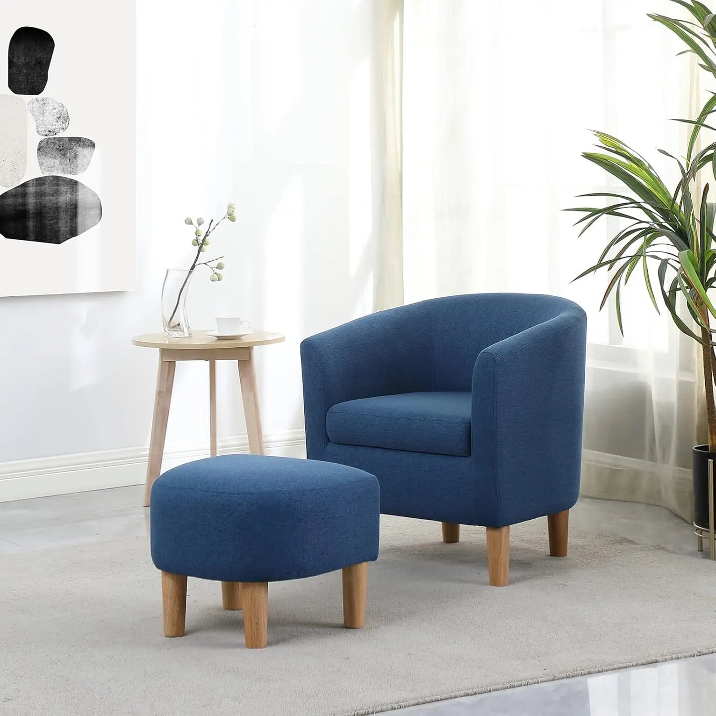 Accent Chair, Sherpa Chair White Fluffy Chair Teddy Barrel Chair with Ottoman Comfy ArmChair Footrest Set
