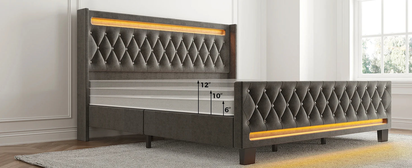 Twin Bed Frame with LED Light and Charging Station, Upholstered High Headboard and Footboard, Wood Slats, Noise Free, Easy Assem