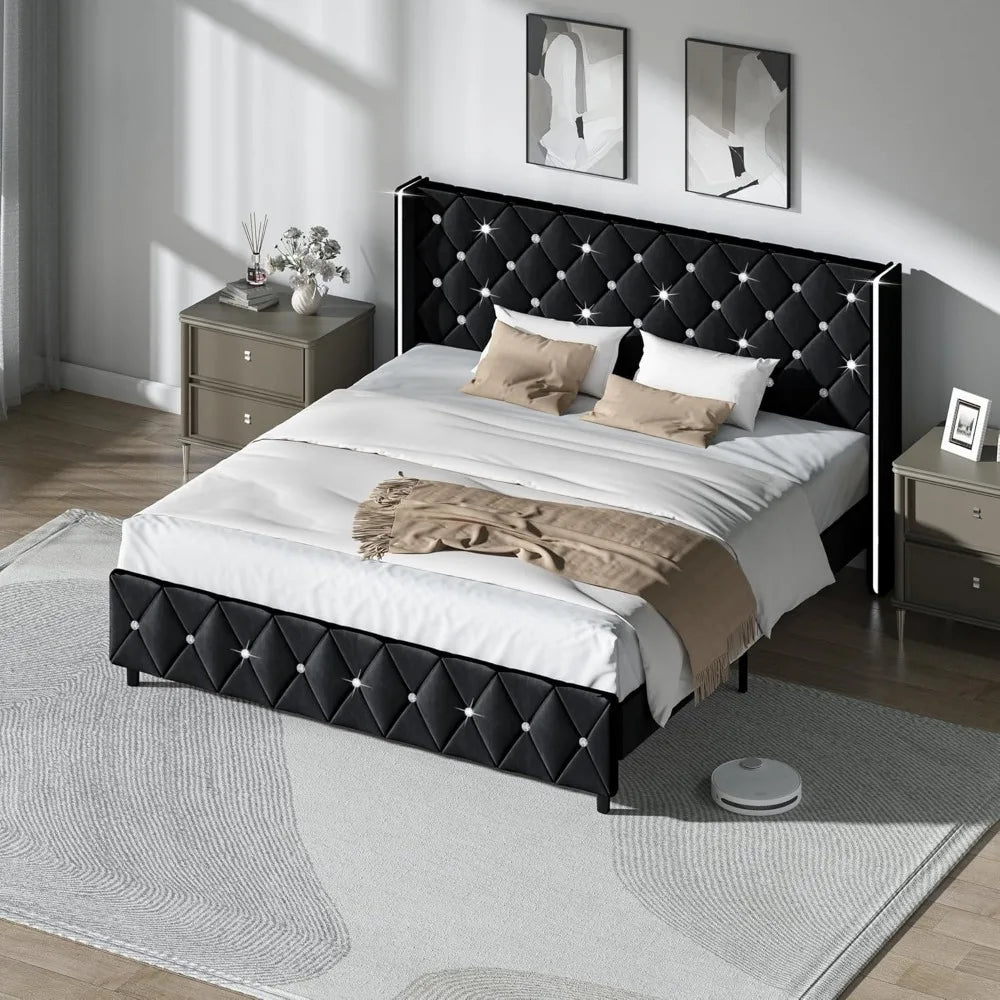 King Size Bed Frame, Velvet Upholstered Platform Bed King Size with Diamond Tufted Headboard and Footboard, Wooden Slats Support