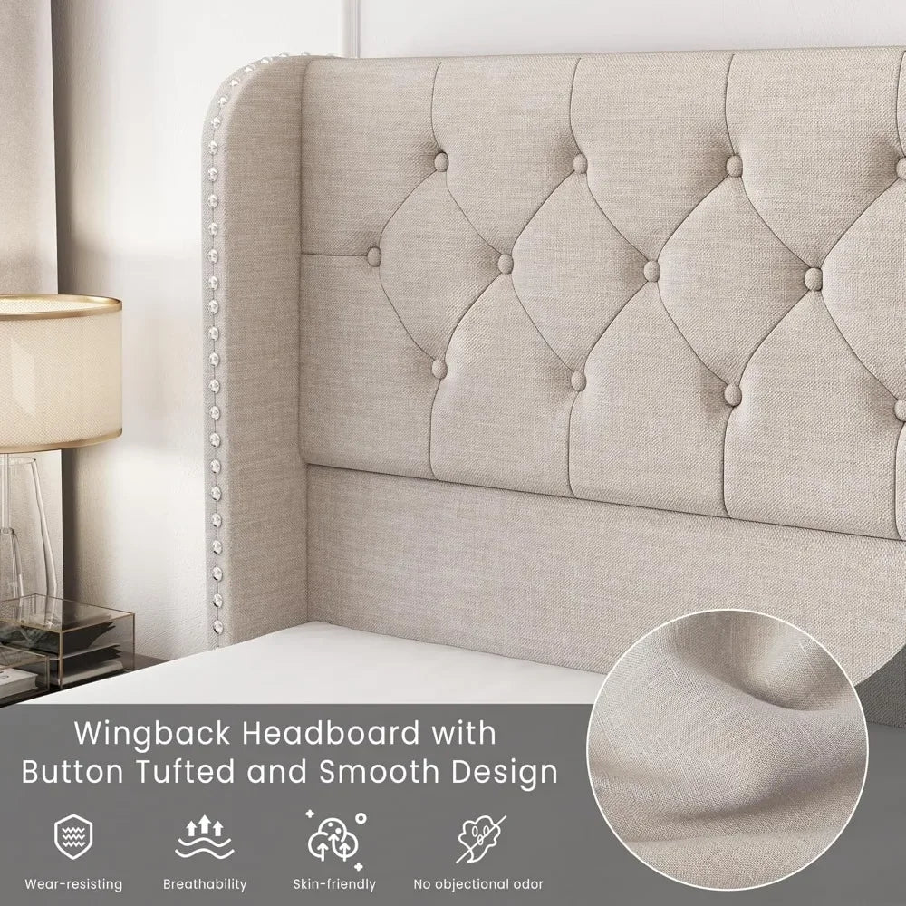 King Size Bed Frame with 4 Storage Drawers and Tufted Headboard Linen Upholstered Platform Bed Frame Wingback Beds.