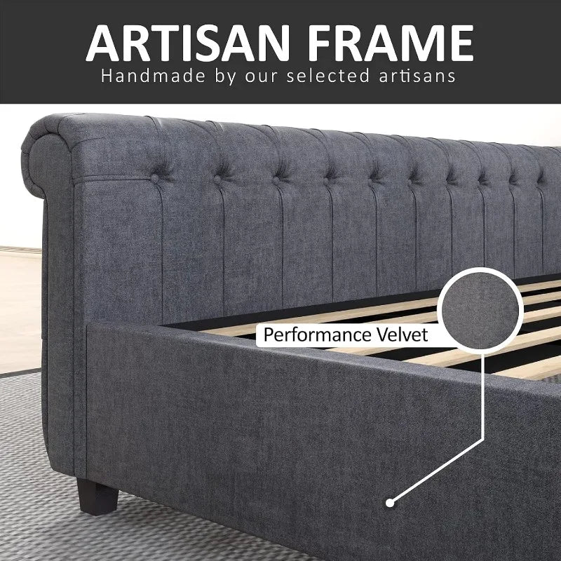 AMERLIFE King Size Platform Bed Frame, Chenille Upholstered Sleigh Bed with Scroll Wingback Headboard & Footboard/Button Tufted