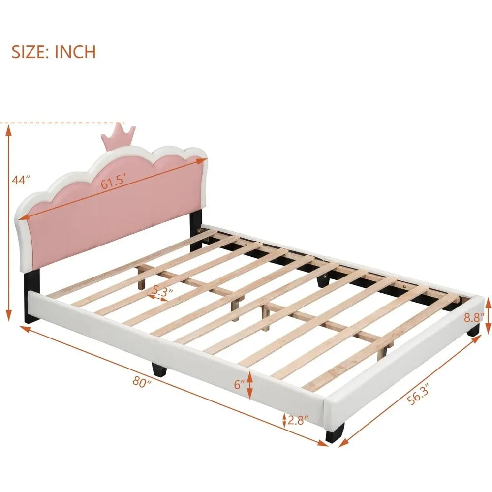Full-Size Upholstered Princess Bed with Crown Headboard, Full Size Platform Bed with Headboard and Footboard Suitable for girls
