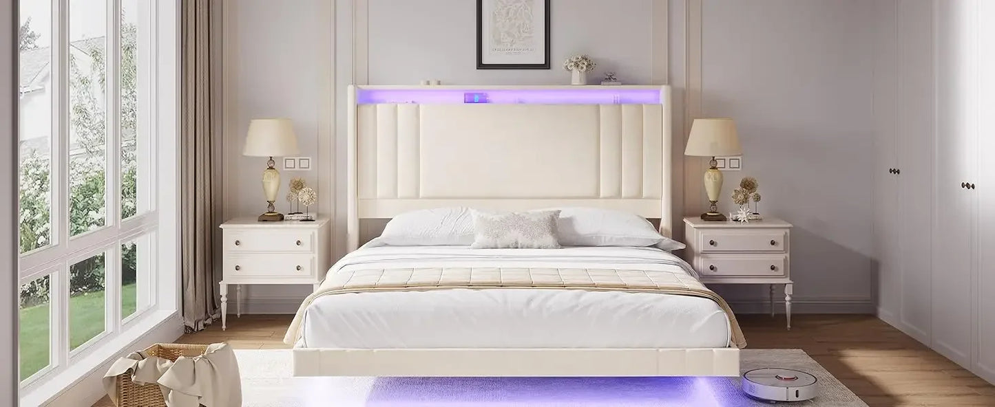Floating Bed Frame, 50.8" Tall Headboard LED with Charging Station, Metal Platform Bed Frame, Upholstered Platform Beds Home