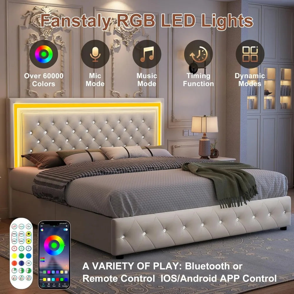 King Bed Frame with LED Lights, Storage Drawers, No Box Spring Needed, 900 lbs Capacity, Easy Assembly, bedroom furniture White