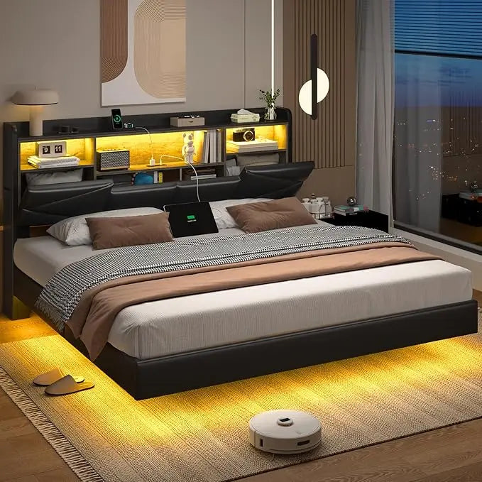 Bed Frame, with Storage Headboard and Power Outlet, Floating Platform Bed with LED Lights, Wood Slats Support, Bedroom Bed