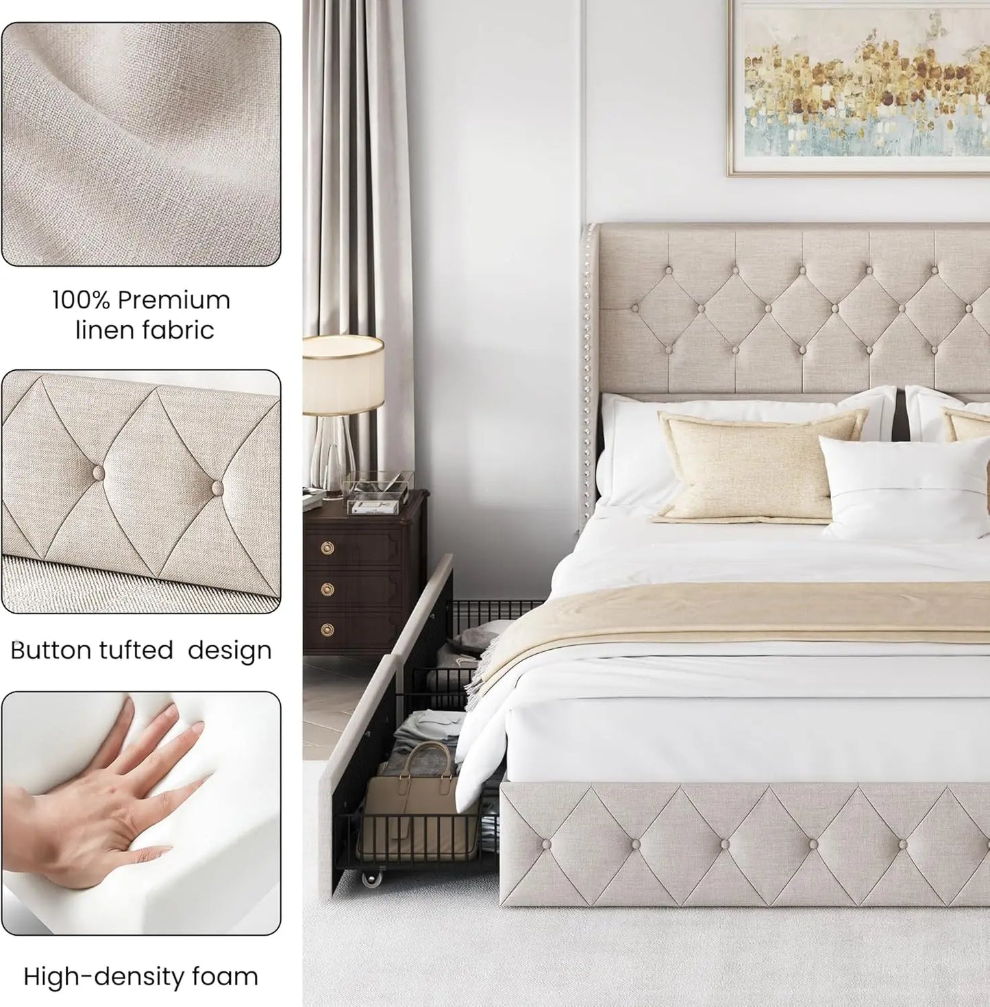 King Size Bed Frame with 4 Storage Drawers and Tufted Headboard Linen Upholstered Platform Bed Frame Wingback Beds.