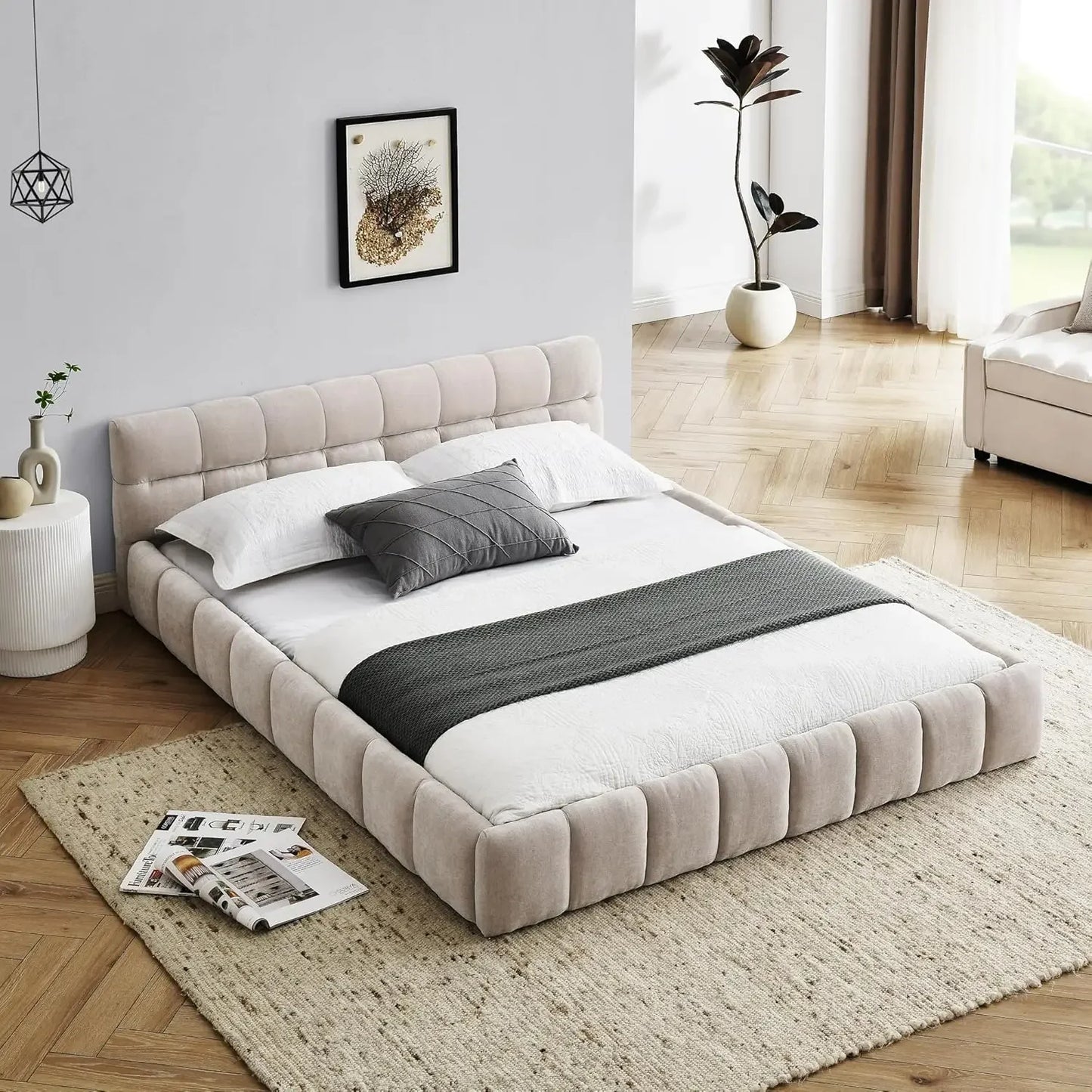 Queen Size Upholstered Grounded Bed with Bedside Desk and Stool,Upholstered Headboard,Grounded Upholstered Wood Base Bed Frame
