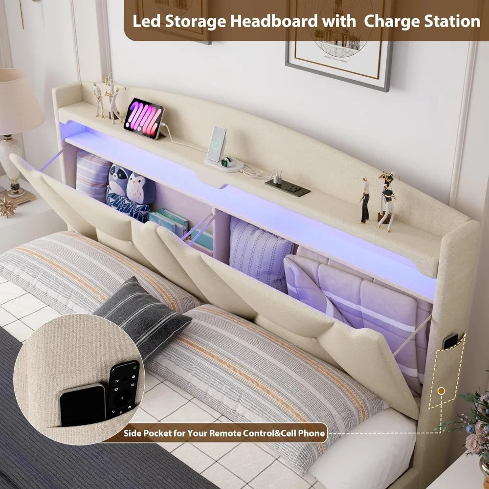 Full Bed Frame with Storage Headboard, Upholstered LED Bed Frame with 2 Storage Drawers Charging Station,Wood Slats Support