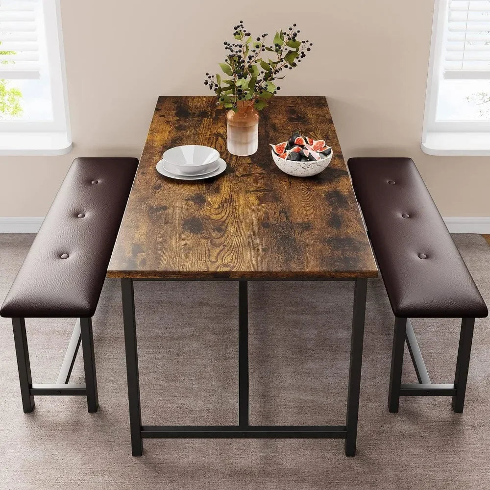 Dining Table Set for 4, Kitchen Table with Benches, Rectangular Dining Room Table Set with 2 Metal Wood Benches, 3 Piece Dining