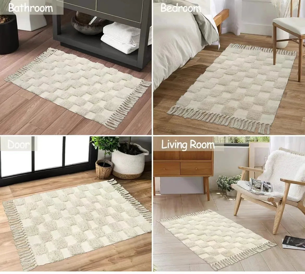 Vintage Nordic Style Cotton Linen Handmade Tassel Area Rug Checkerboard Tufted Floor Bedside Mat Living Room Bedroom Tapestry