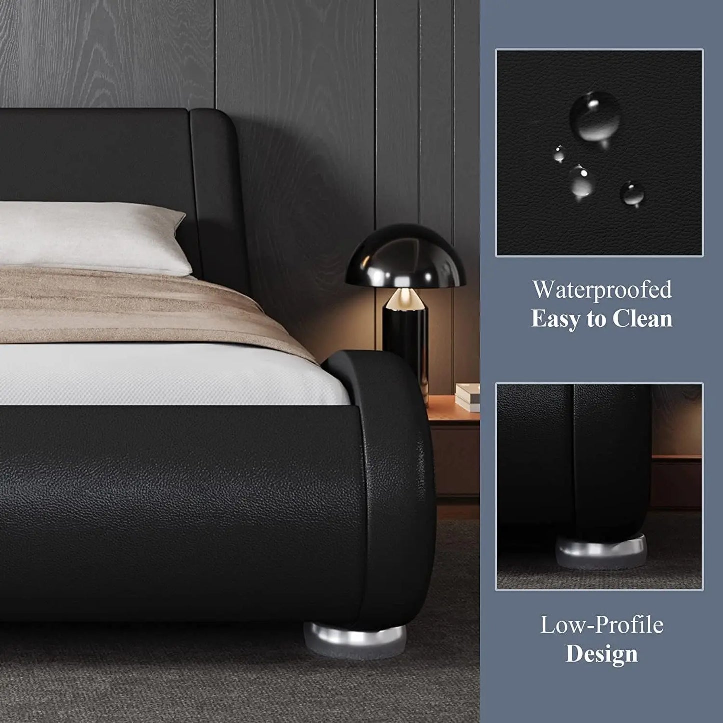 Upholstered Platform Bed Frame with Ergonomic & Adjustable Headboard, Modern Low Profile Sleigh Design