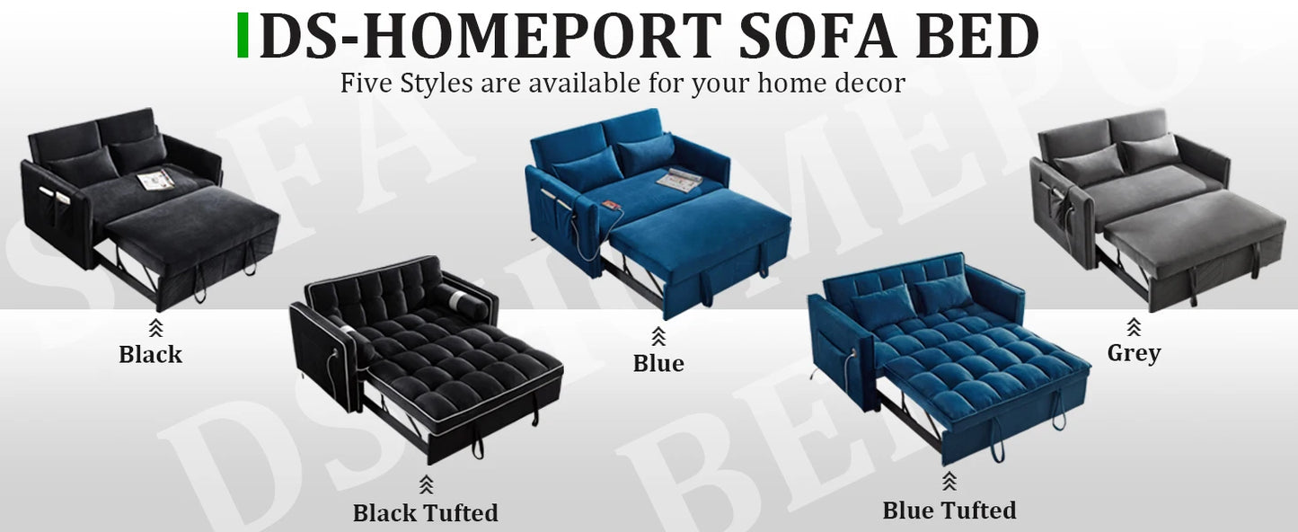 3 in 1 Pull Out Convertible Sofa Bed-Velvet Sleeper Sofa with 3Level Adjustable Backrest,Tufted Love Seat w/ 2Pockets & 2Pillows