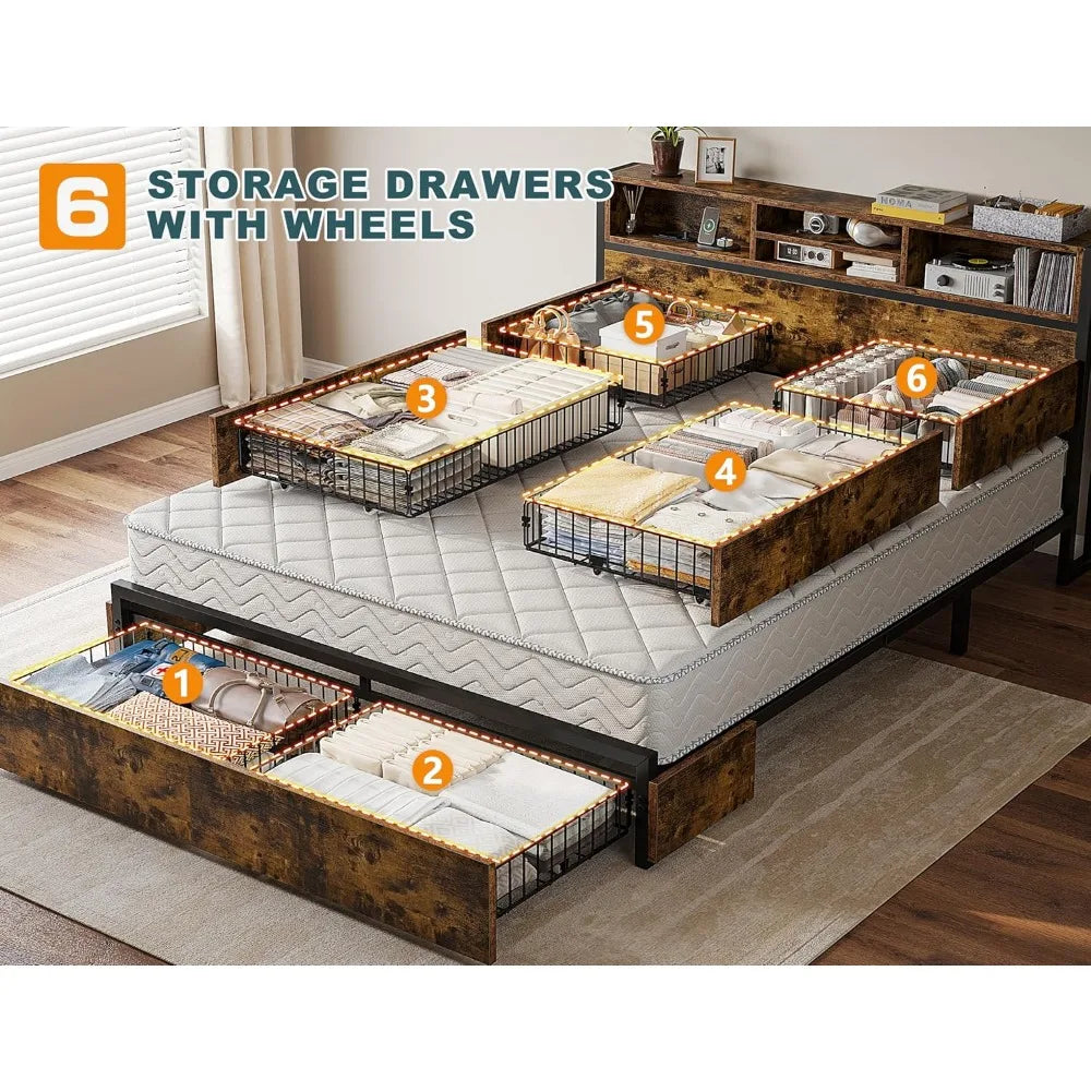 Queen Bed Frame with 6 Storage Drawers,Headboard,Charging Station & Storage No Noise,No Box Springs Needed,Vintage Brown.