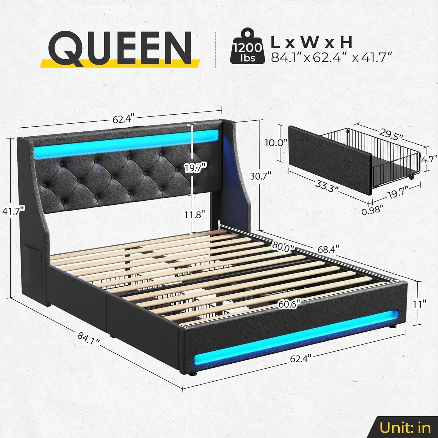 Twin bed frame with LED lights and charging station, upholstered bed with drawers, wooden planks, noiseless and easy to assemble