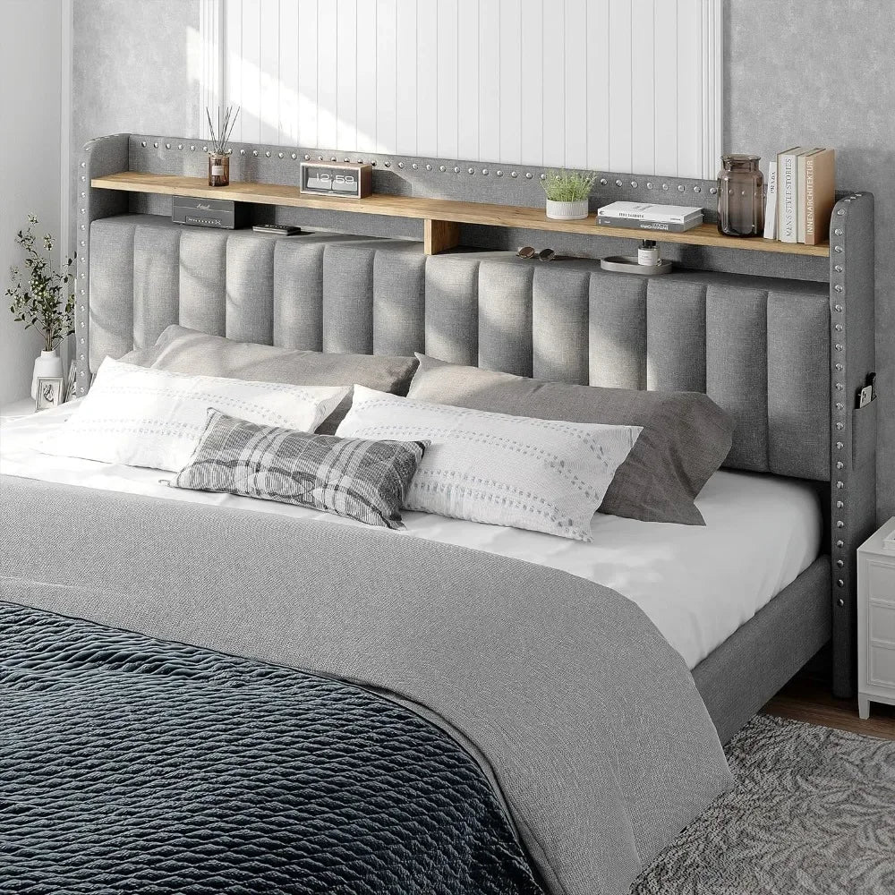 Queen Bed Frame with Headboard and Storage, Upholstered Queen Bed Frame with Storage, Queen Size Bed Frame with 2 Drawer