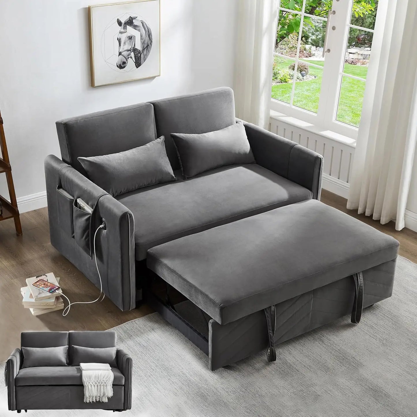 3 in 1 Pull Out Convertible Sofa Bed-Velvet Sleeper Sofa with 3Level Adjustable Backrest,Tufted Love Seat w/ 2Pockets & 2Pillows