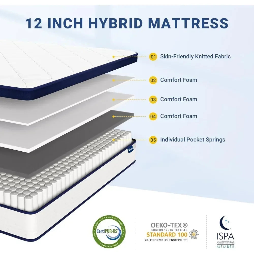 Mixed Spring Mattress with Comfortable Foam and Pocket Coil 12 Inch Box Full Mattress