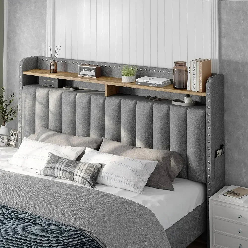 Queen Bed Frame with Headboard and Storage, Upholstered Queen Bed Frame with Storage, Queen Size Bed Frame with 2 Drawer