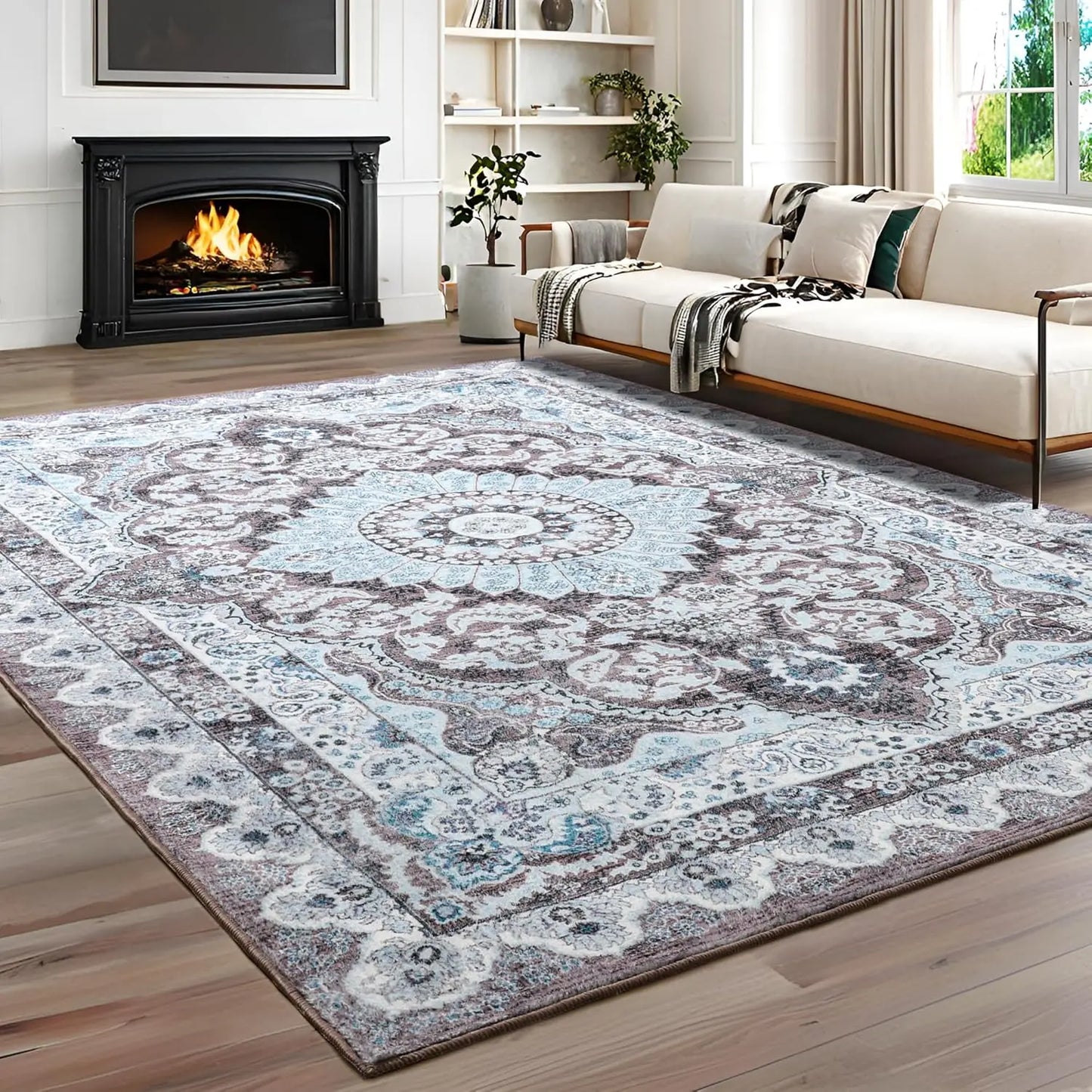 Area Rugs for Living Room, Machine Washable Vintage Rug, Non-Slip Low Pile Throw Rugs with Rubber Backing Washable Carpet