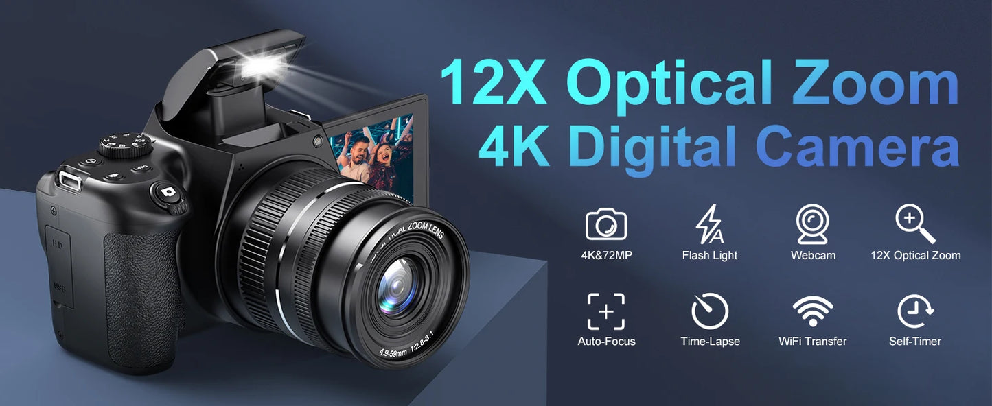 4K HD Digital Camera for Photography Auto Focus 12X Optical Zoom Vlogging Camera for YouTube 72MP WiFi Livestream Video Cameras