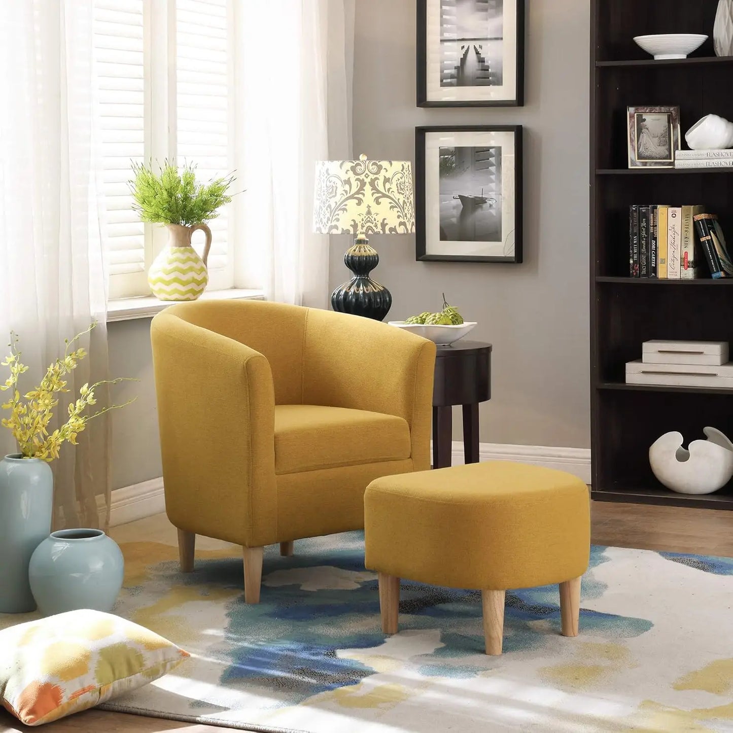 Accent Chair, Sherpa Chair White Fluffy Chair Teddy Barrel Chair with Ottoman Comfy ArmChair Footrest Set