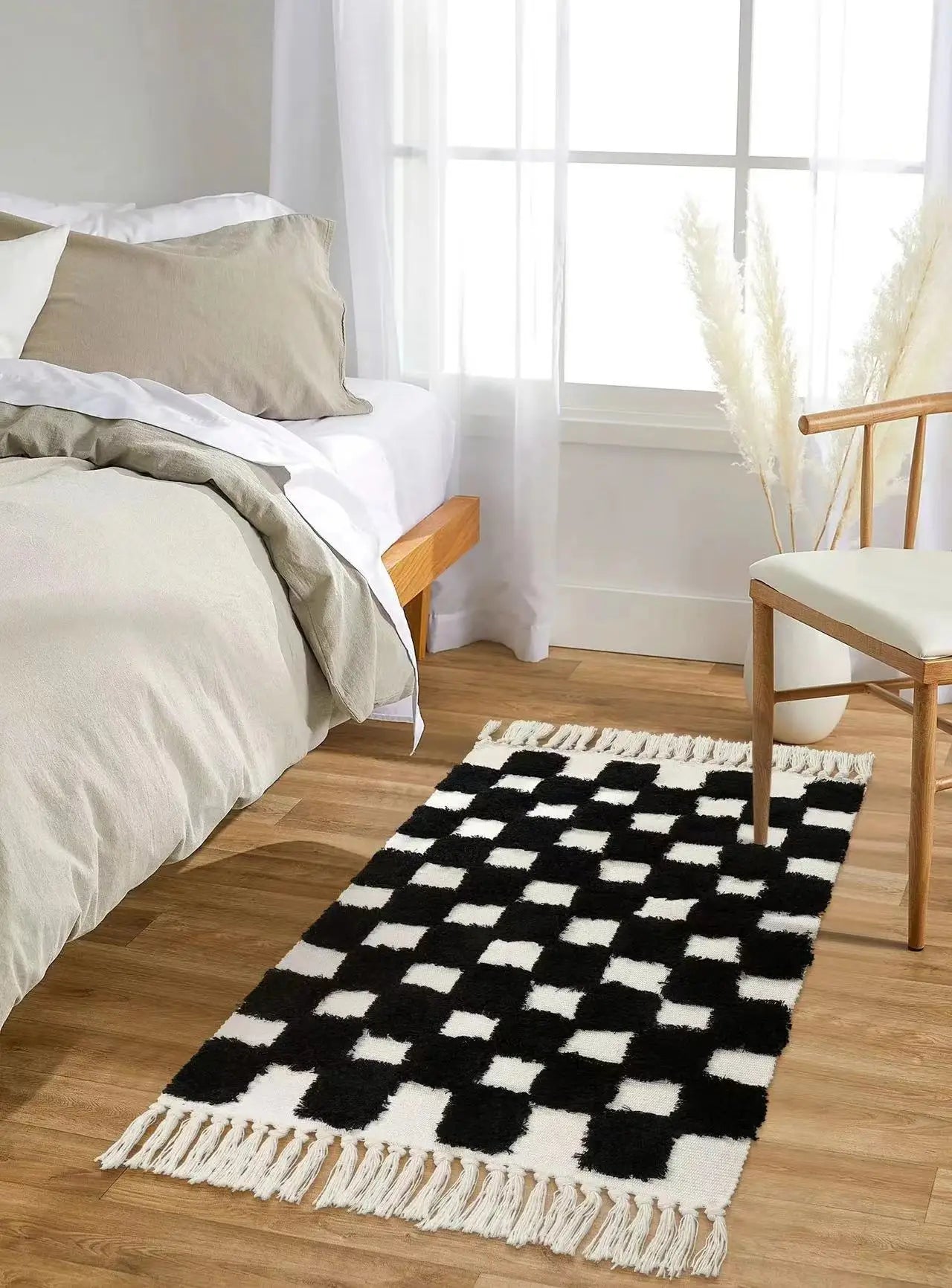 Vintage Nordic Style Cotton Linen Handmade Tassel Area Rug Checkerboard Tufted Floor Bedside Mat Living Room Bedroom Tapestry