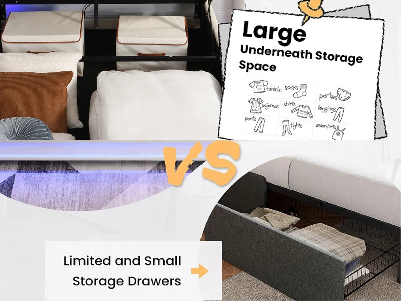 Bed Frame with Charging Station & Led Lights, Upholstered Platform Bed with Button Tufted Wingback Storage Headboard