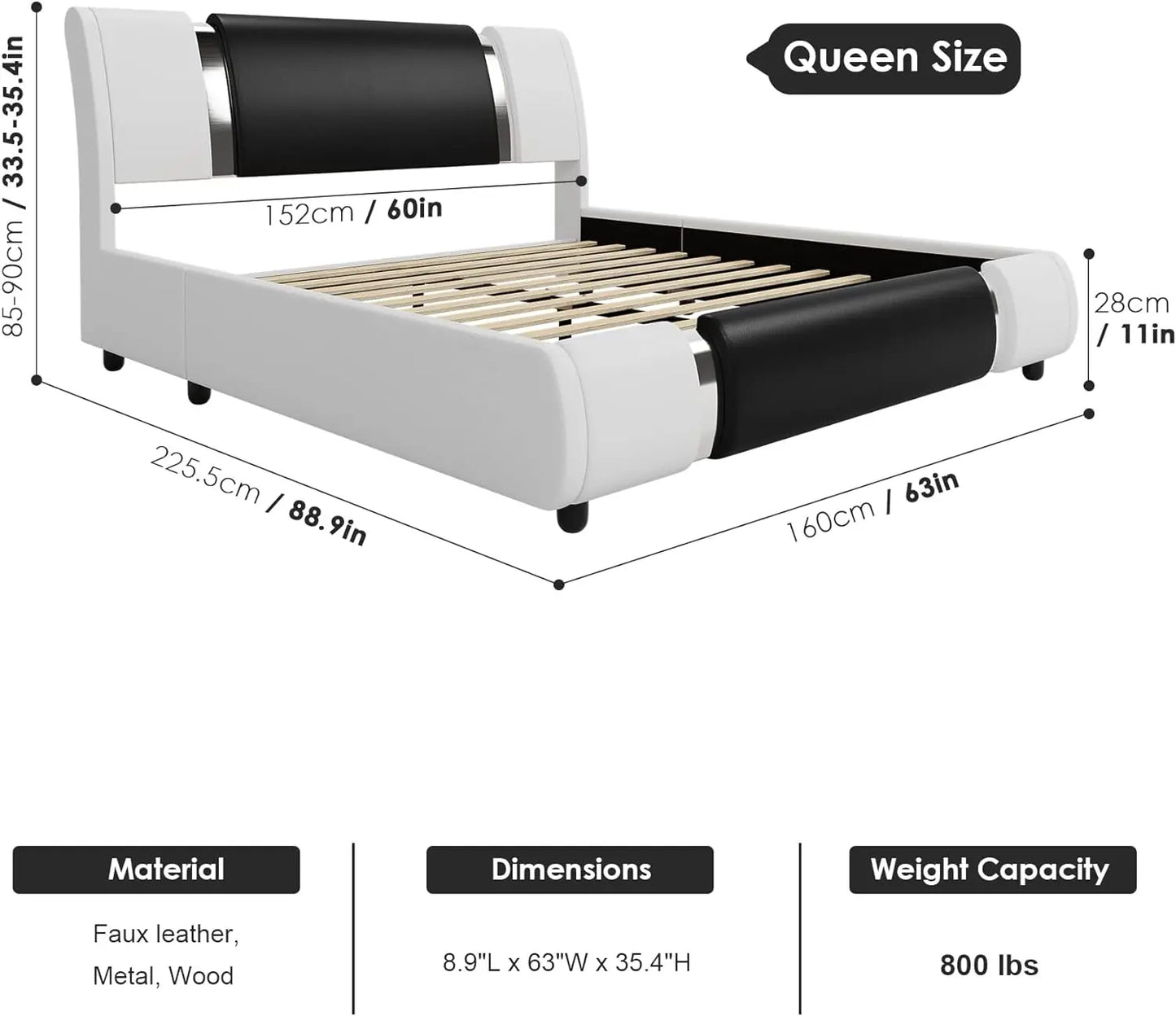 Modern Faux Leather Upholstered Platform Bed Frame with Golden Iron Metal Decor, Adjustable Curved Headboard, Queen Size, White