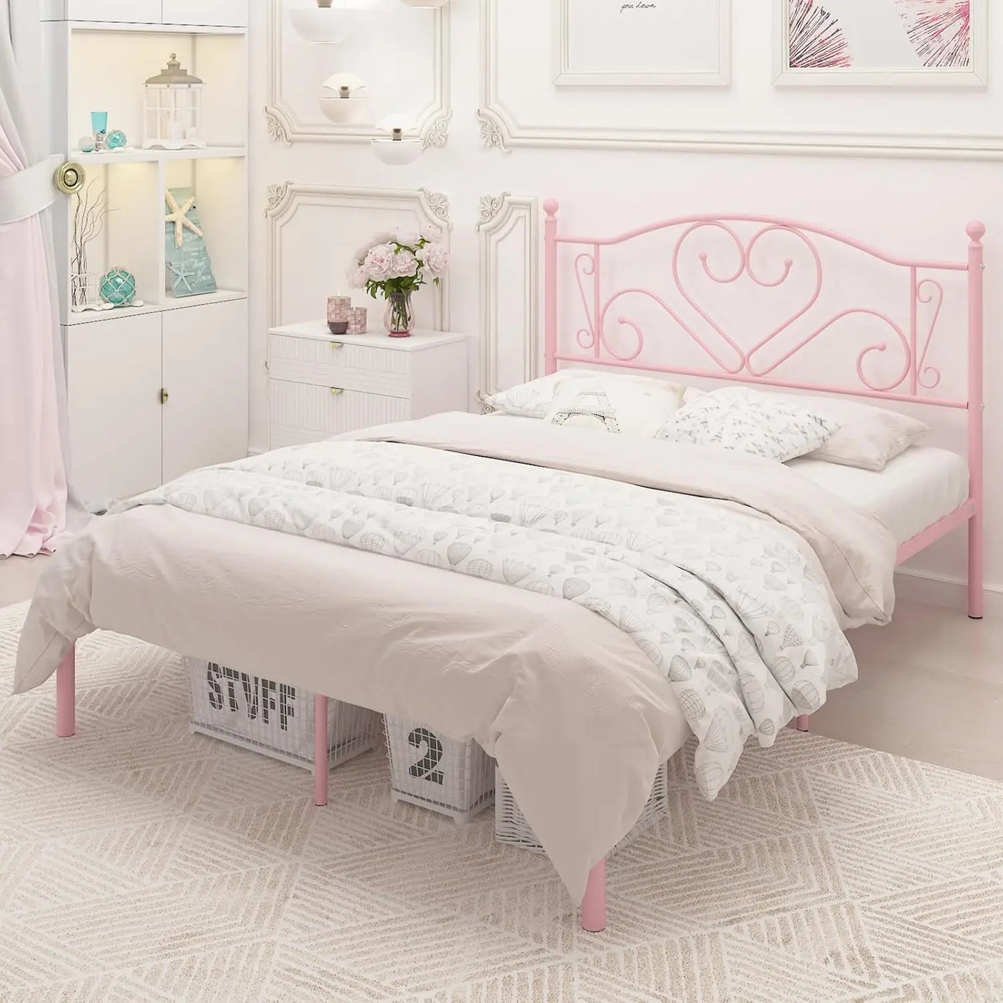 Full Size Bed Frame with Headboard, Heavy Duty Steel Slat Support Platform Under Bed Storage Space No Box Spring Needed, White