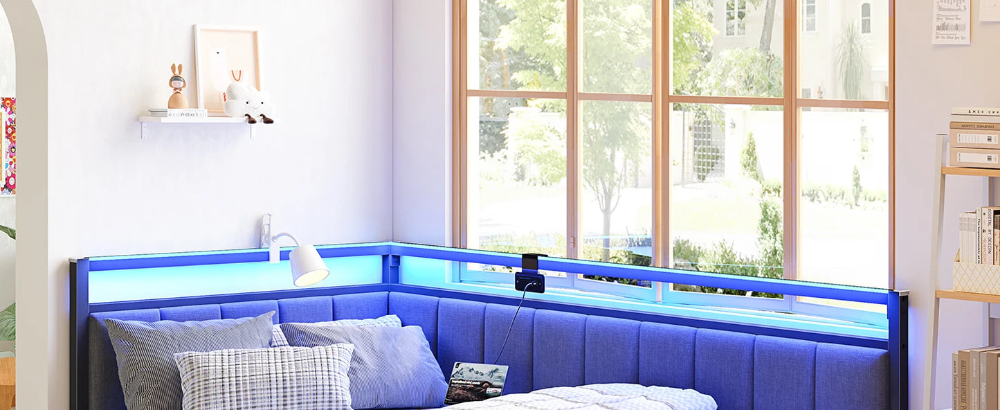 Modern Corner Bed Frame with LED Lights and Charging Station, Double Bed with Storage Space
