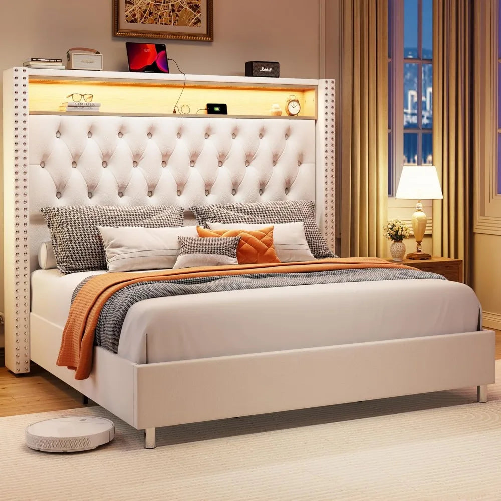 King Bed Frame with Headboard LED Lights and Charging Station, Velvet Tall Upholstered Platform Bed Storage No Box Spring Needed
