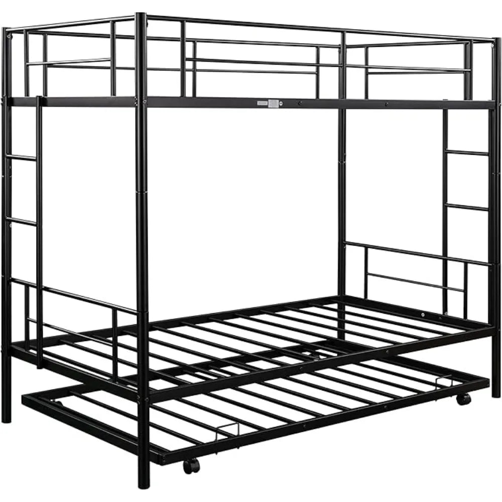 Twin Over Twin Metal Bunk Bed Trundle Frame with 2 Side Ladders Convertible Bunkbed Safety Guard Rails,No Box Spring Needed