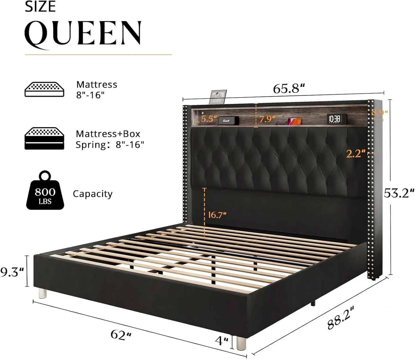 King Bed Frame with Headboard LED Lights and Charging Station, Velvet Tall Upholstered Platform Bed Storage No Box Spring Needed
